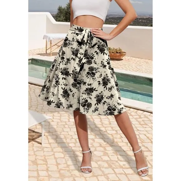 Women's A-Line Pockets Skirt High Waist Flared Midi Skirt