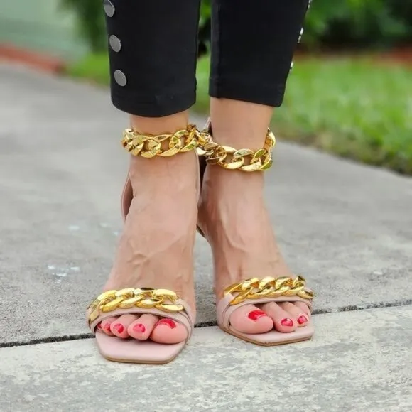 Womens Ankle Strap Heels Chains Stiletto Sandals Blush Color