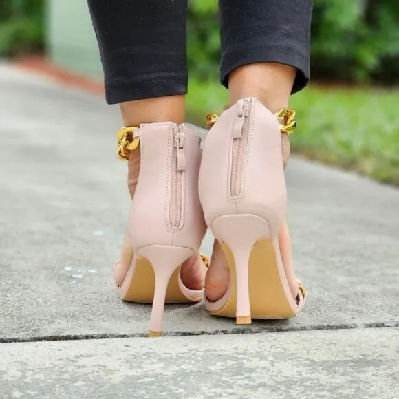 Womens Ankle Strap Heels Chains Stiletto Sandals Blush Color