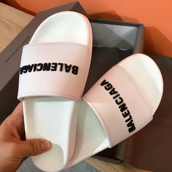 WOMENS BALENCIAGA LOGO POOL SLIDES SANDALS SLIPPERS WHITE BLACK