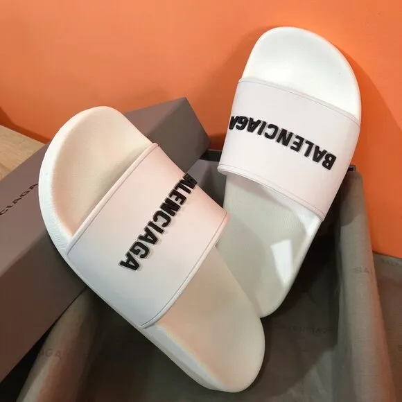 WOMENS BALENCIAGA LOGO POOL SLIDES SANDALS SLIPPERS WHITE BLACK