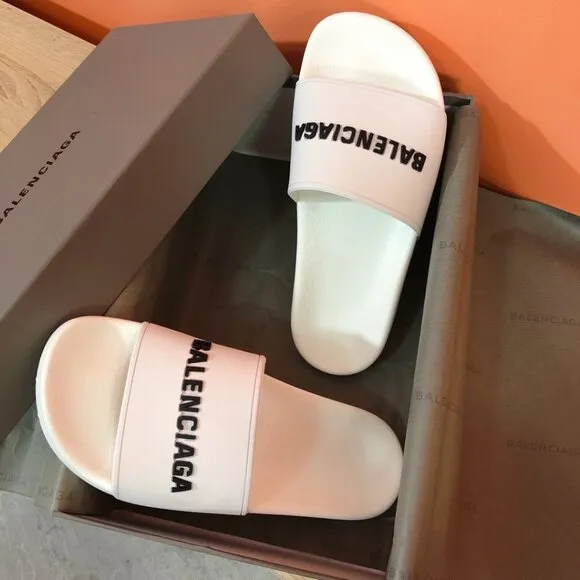 WOMENS BALENCIAGA LOGO POOL SLIDES SANDALS SLIPPERS WHITE BLACK
