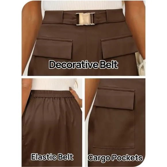 Women's Cargo Midi Skirt Belted Long Pencil Skirts Flap Pockets with Slit