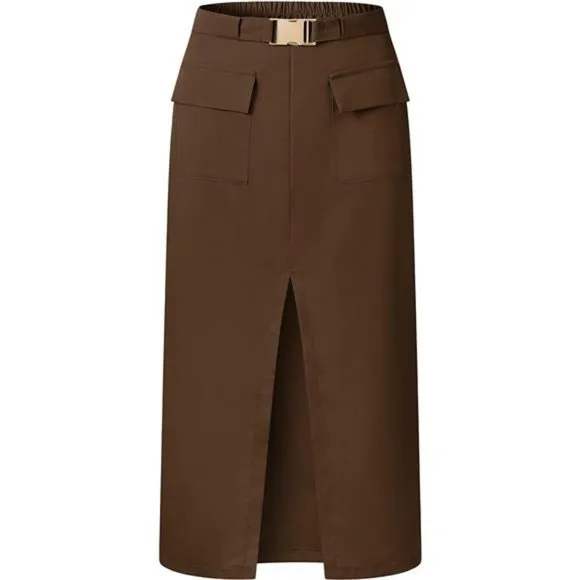 Women's Cargo Midi Skirt Belted Long Pencil Skirts Flap Pockets with Slit