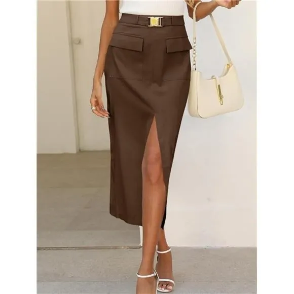 Women's Cargo Midi Skirt Belted Long Pencil Skirts Flap Pockets with Slit