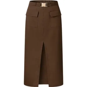 Women's Cargo Midi Skirt Belted Long Pencil Skirts Flap Pockets with Slit
