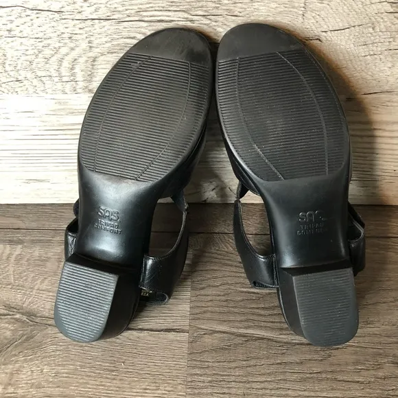 Womens Classic SAS Suntimer Black Tripad Comfort Heeled Sandals Sz 7.5N Leather
