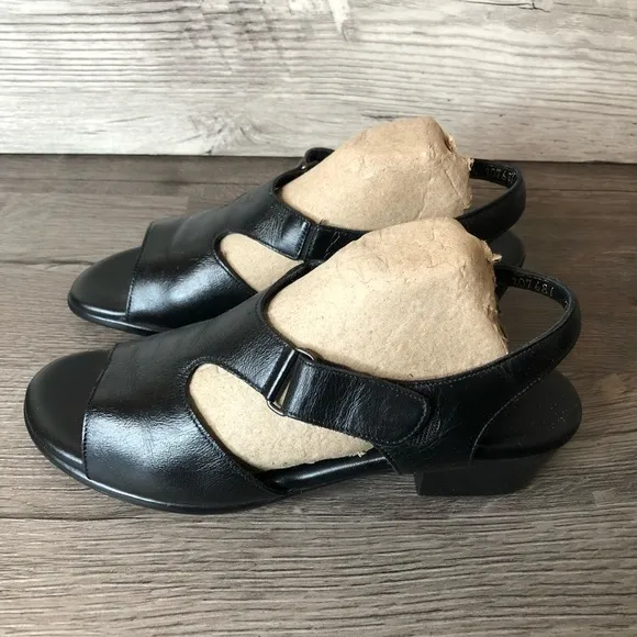 Womens Classic SAS Suntimer Black Tripad Comfort Heeled Sandals Sz 7.5N Leather