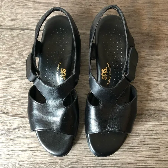 Womens Classic SAS Suntimer Black Tripad Comfort Heeled Sandals Sz 7.5N Leather