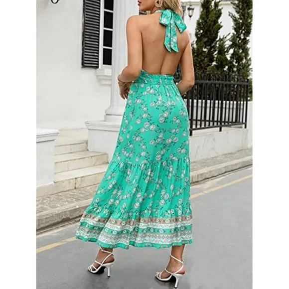 Women's Crossover Halter Neck Flowy Dress, Aqua
