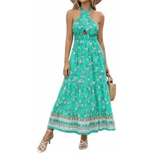 Women's Crossover Halter Neck Flowy Dress, Aqua