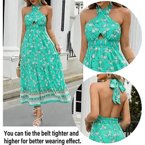 Women's Crossover Halter Neck Flowy Dress, Aqua