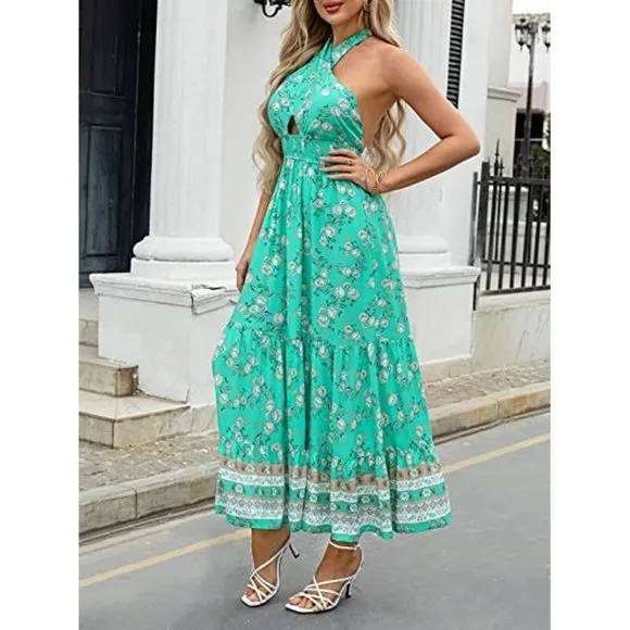Women's Crossover Halter Neck Flowy Dress, Aqua
