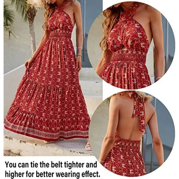 Women's Crossover Halter Neck Flowy Dress, Lycheered