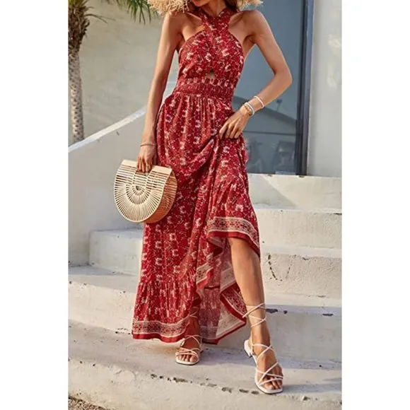 Women's Crossover Halter Neck Flowy Dress, Lycheered
