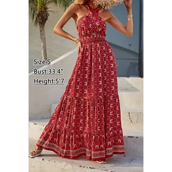 Women's Crossover Halter Neck Flowy Dress, Lycheered