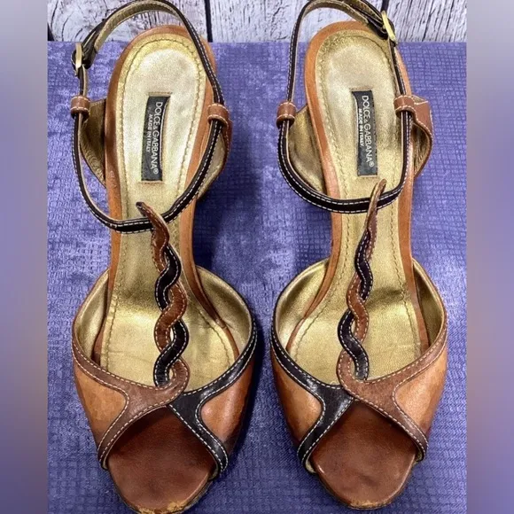 Women's Dolce &amp; Gabbana BrownLeather High Heel Sandals Size 36.5- US size 6.5