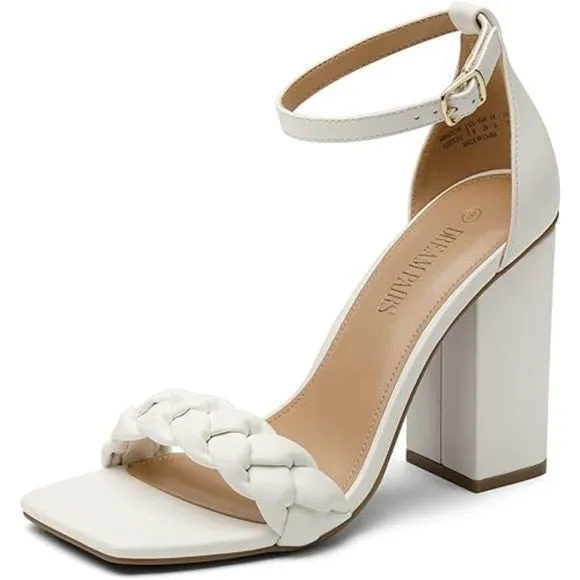 Women's Heels for Women Braided Open Toe White Ankle Strap High Block Heel