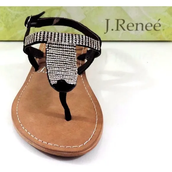 Women's J.Renee Stella Low Wedge T-Strap Sandals Rhinestone Suede Black Size 7.5