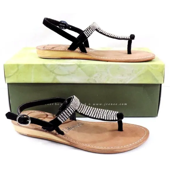 Women's J.Renee Stella Low Wedge T-Strap Sandals Rhinestone Suede Black Size 7.5