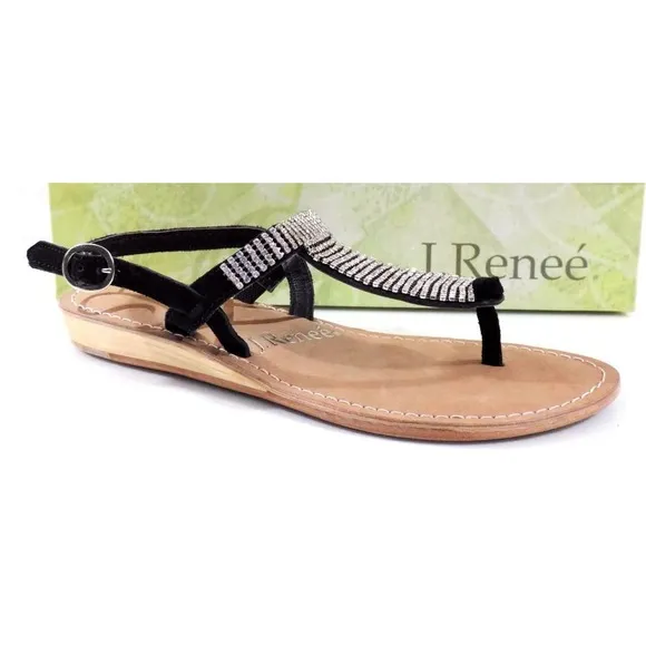 Women's J.Renee Stella Low Wedge T-Strap Sandals Rhinestone Suede Black Size 7.5