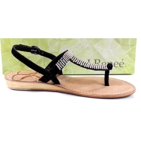 Women's J.Renee Stella Low Wedge T-Strap Sandals Rhinestone Suede Black Size 7.5