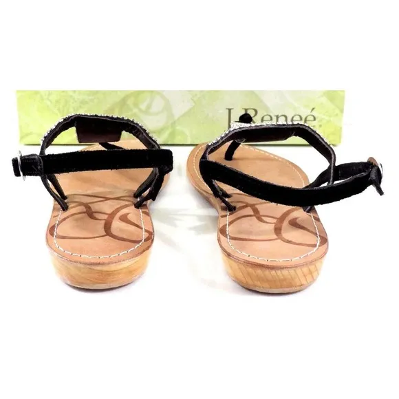 Women's J.Renee Stella Low Wedge T-Strap Sandals Rhinestone Suede Black Size 7.5
