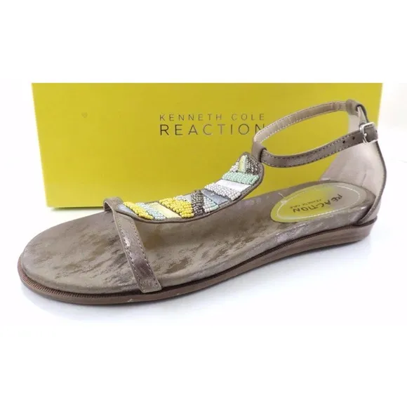 Women's Kenneth Cole Reaction Bon Net T3 Beaded T-Strap Sandals Taupe Size 8.5