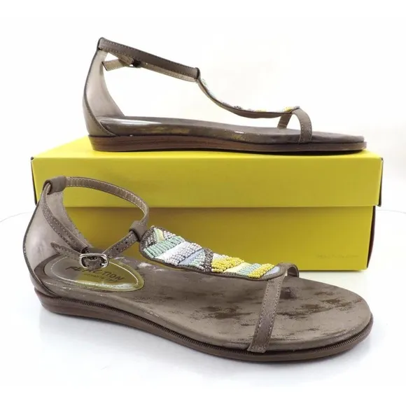 Women's Kenneth Cole Reaction Bon Net T3 Beaded T-Strap Sandals Taupe Size 8.5