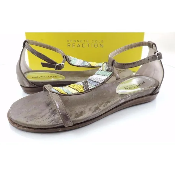 Women's Kenneth Cole Reaction Bon Net T3 Beaded T-Strap Sandals Taupe Size 8.5