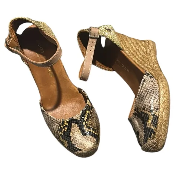 Women's Kurt Geiger Monty Yellow Snake Print Wedge Sandals Size 38