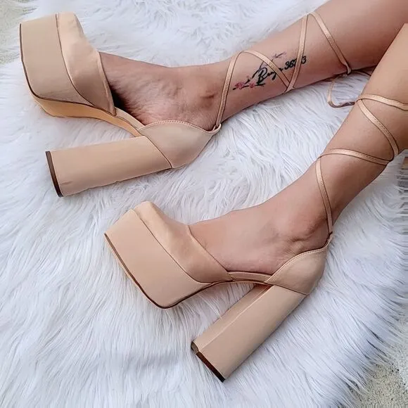 Womens Lace Up High Heels Platform Sandals Champagne Color