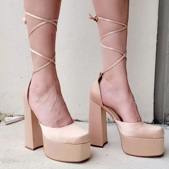 Womens Lace Up High Heels Platform Sandals Champagne Color