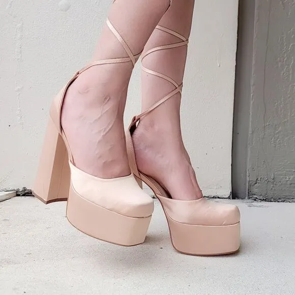 Womens Lace Up High Heels Platform Sandals Champagne Color