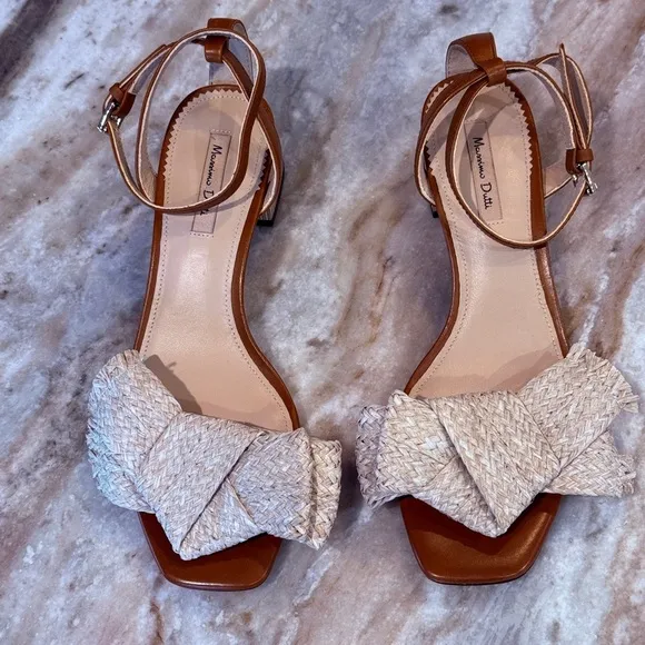 Women’s Massimo Dutti raffia brown leather heeled sandals- Size 37
