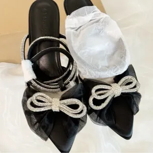 Women's Mesh Bow Lace Up Rhinestones Strap Heel Sandals 11 Rhinestone Wedding