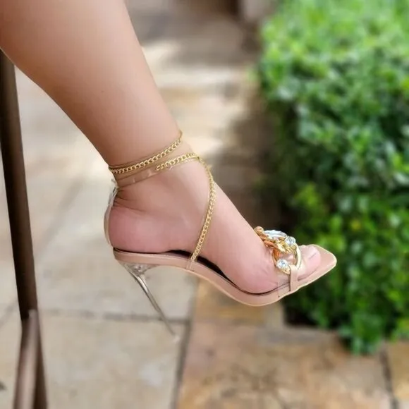 Womens Nude Strappy  Rhinestones Chain Sandals