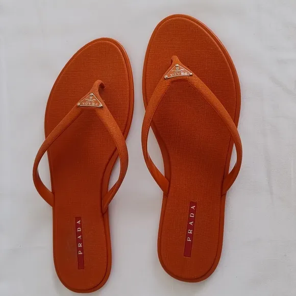 Women's Prada Orange Logo Flip Flop Sandals Pool slides Sz EU 39 US 9