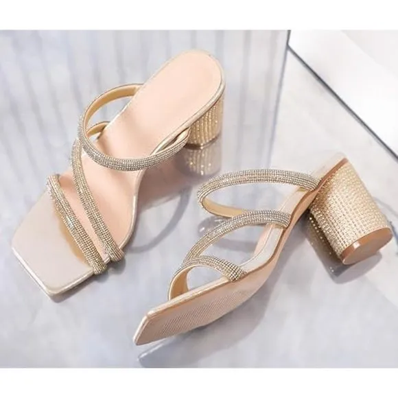 Women's Rhinestone Gold Heeled Sandals Square Toe Strappy Chunky Block Heels