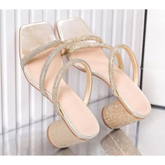 Women's Rhinestone Gold Heeled Sandals Square Toe Strappy Chunky Block Heels
