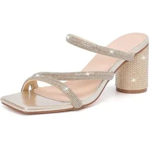 Women's Rhinestone Gold Heeled Sandals Square Toe Strappy Chunky Block Heels