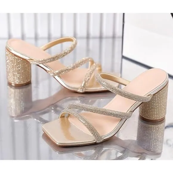 Women's Rhinestone Gold Heeled Sandals Square Toe Strappy Chunky Block Heels