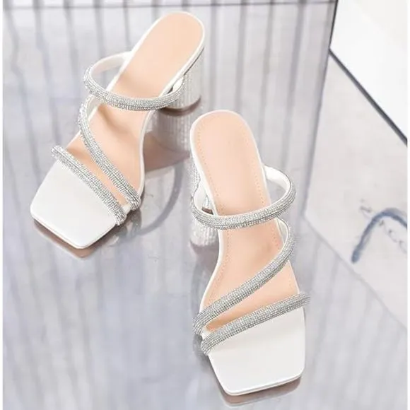 Women's Rhinestone White Heeled Sandals Square Toe Strappy Chunky Block Heels