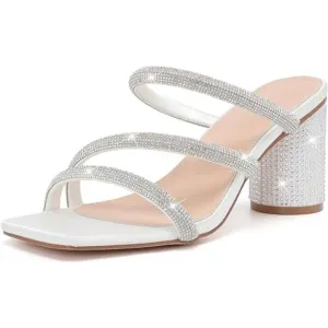 Women's Rhinestone White Heeled Sandals Square Toe Strappy Chunky Block Heels