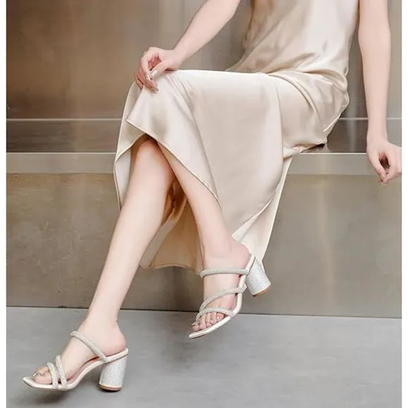 Women's Rhinestone White Heeled Sandals Square Toe Strappy Chunky Block Heels