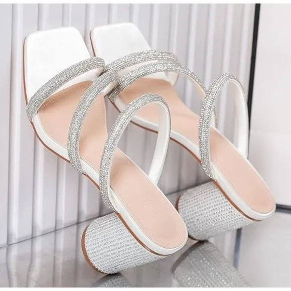 Women's Rhinestone White Heeled Sandals Square Toe Strappy Chunky Block Heels