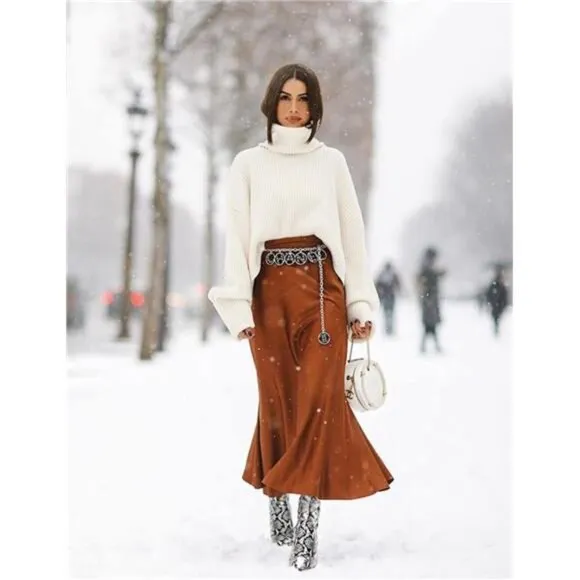 Womens Satin Skirts Zipper Elegant Orange