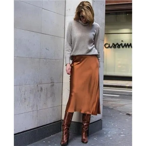 Womens Satin Skirts Zipper Elegant Orange