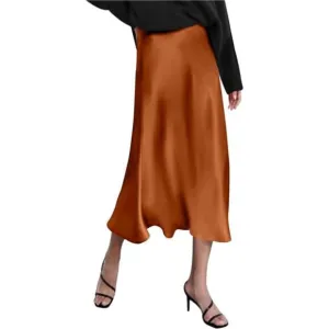 Womens Satin Skirts Zipper Elegant Orange