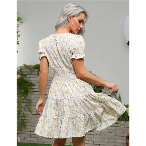 Women's Smocked Waist Dress Square Neck, Pink#floral